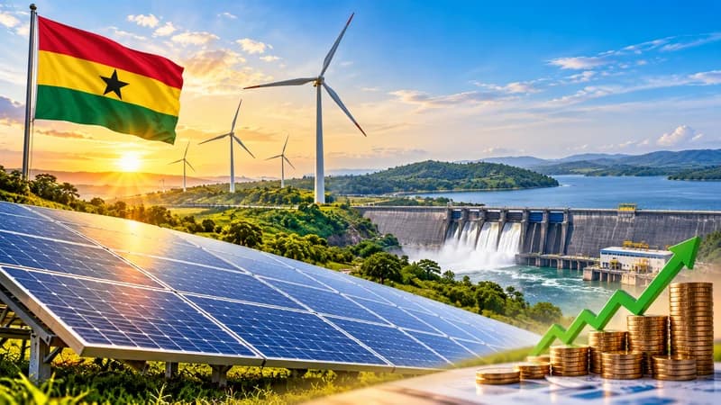 A digital composite illustrating Ghana's energy landscape, featuring solar panels, wind turbines, and a hydroelectric dam under a sunset sky. The Ghana flag waves prominently on the left, while a stack of gold coins with a rising green arrow in the foreground symbolizes economic growth and investment in the green sector.