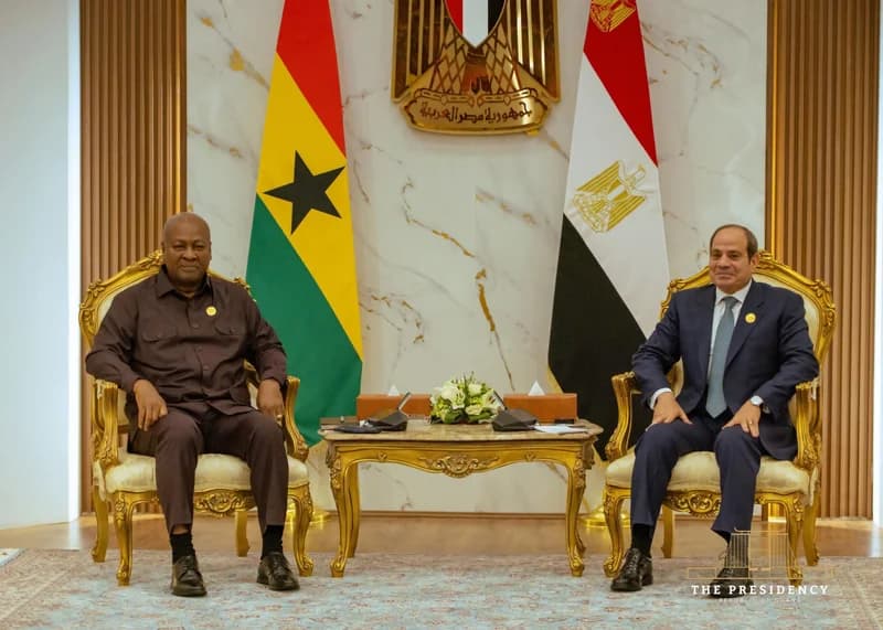 President John Dramani Mahama of Ghana and President Abdel Fattah el-Sisi of Egypt are seated in ornate gold-trimmed chairs during a formal diplomatic meeting. Behind them are the flags of Ghana and Egypt, with the Egyptian coat of arms displayed on the marble wall between them.