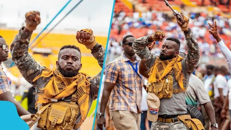 A composite photograph featuring a man in tactical gear, identified in news context as Kojo Bamba, at a political gathering. He wears a camouflage outfit, a tactical chest rig, and a cap featuring the NPP elephant logo, gesturing with raised fists in a stadium setting.