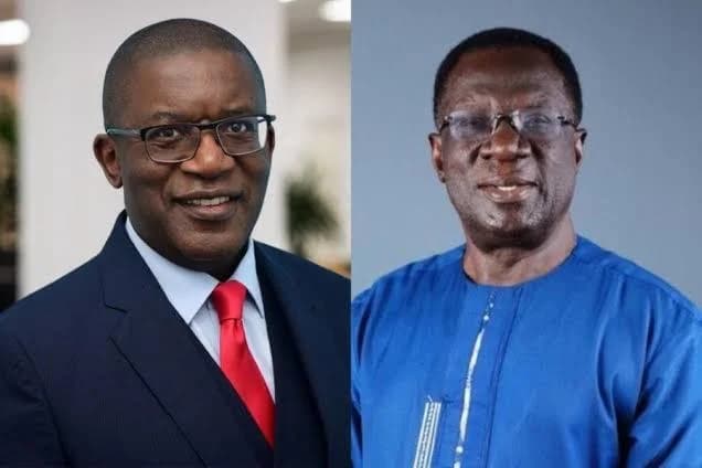 A composite image featuring headshots of two prominent figures. On the left is Solomon Asamoah, former CEO of the Ghana Infrastructure Investment Fund (GIIF), wearing a suit and red tie, and on the right is Professor Christopher Ameyaw-Akumfi, former GIIF Board Chairman, in a blue traditional garment.