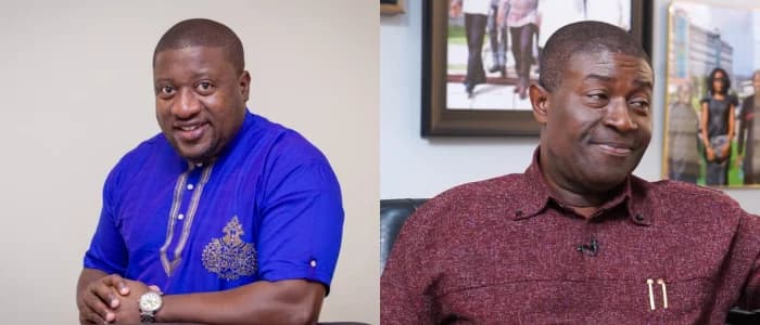 This image is a side-by-side collage featuring two prominent Ghanaian political figures from the New Patriotic Party (NPP). On the left is Henry Nana Boakye (Nana B) wearing a blue traditional shirt, and on the right is Nana Akomea in a maroon collared shirt.