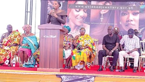 Gertrude Emefa Donkor, Managing Director of GoldBod Jewellery, speaking at the opening of the showroom in Takoradi