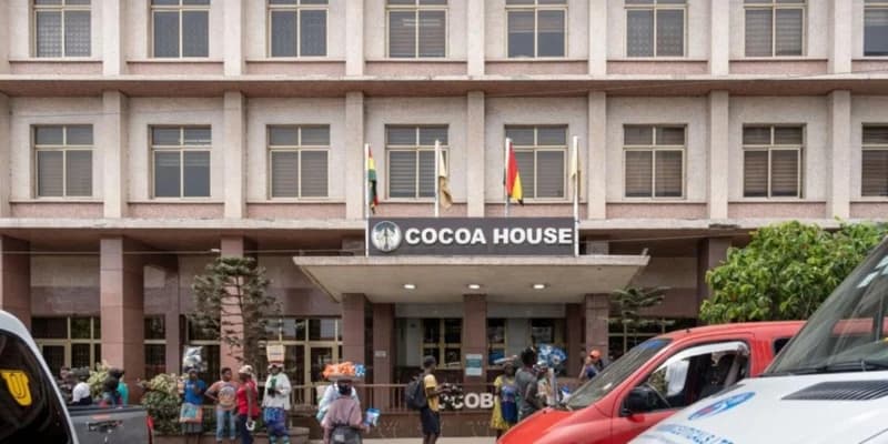 The image captures the entrance of Cocoa House, the headquarters of the Ghana Cocoa Board (COCOBOD) located in Accra. Several pedestrians and street vendors are visible on the sidewalk in front of the building, which displays the national flag and prominent signage. The scene depicts a typical busy day outside this central economic institution in Ghana.