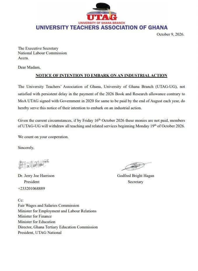 A formal letter from the University Teachers Association of Ghana (UTAG), University of Ghana Branch, dated October 9, 2026. The document serves as a notice of intent to strike due to unpaid 2026 Book and Research allowances, signed by the branch President and Secretary.