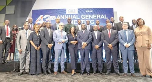 Dr Johnson Pandit Asiama (5th from right), Governor, BoG; Kwamina Asomaning (4th from right), President, Ghana Association of Banks; Abena Osei-Poku (5th from left), MD, Ecobank Ghana, and other heads of banks at the 43rd annual general meeting of the Ghana Association of Banks