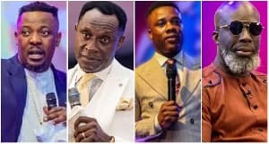 A collage featuring four prominent Ghanaian religious leaders: Prophet Nigel Gaisie, Apostle Professor Opoku Onyinah, Pastor Brian Amoateng, and Prophet Kumchacha. Three of the men are seen holding microphones, signifying their roles as public speakers and influential voices within the Ghanaian religious community.