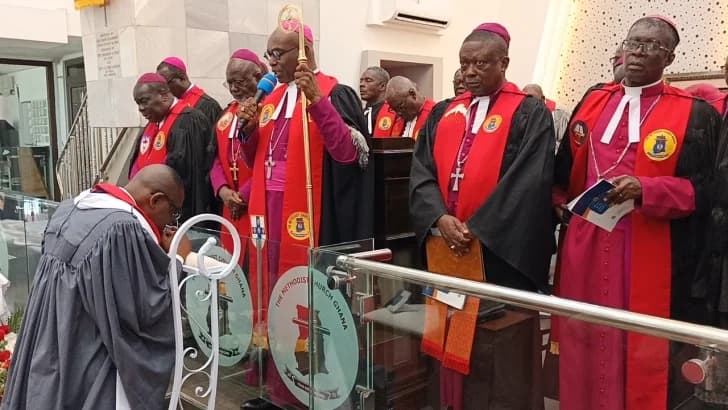 Most Rev Prof Johnson Asamoah-Gyadu Presiding Bishop of the Methodist Church Ghana inducting Mr Alfred Sakyi, Lay President of the Church into office