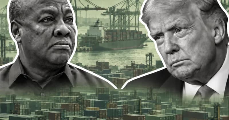 A composite graphic featuring the portraits of Ghanaian President John Mahama and US President Donald Trump against a backdrop of a busy shipping port. The image uses container ships and harbor cranes to symbolize the trade relations and potential tariff disputes between the two nations.