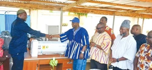 Prof. Samuel Akoriyea Kaba (4th from right), DG of GHS, presenting the items to Alhaji Alhassan Lawal (2nd from left), Bolgatanga Municipal Director of Health Services