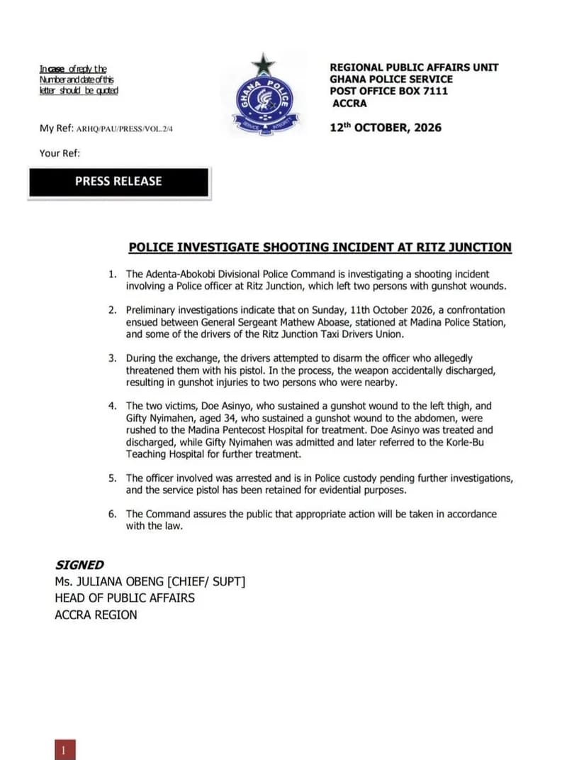 An official press release from the Ghana Police Service Regional Public Affairs Unit in Accra, dated 12th October 2026. The document details a shooting incident at Ritz Junction involving a police officer and the subsequent arrest of the officer for causing injuries to two persons.