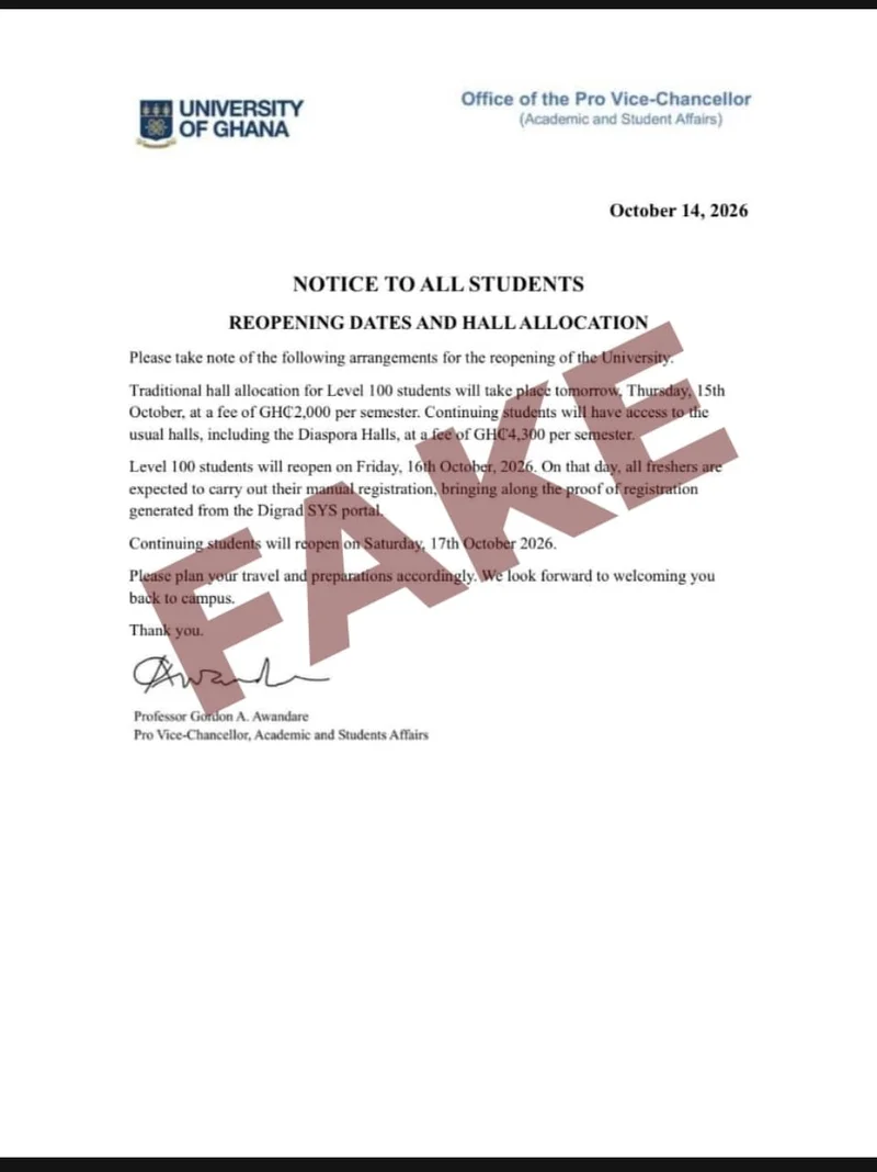 A digital image of a purported University of Ghana notice concerning reopening dates and hall allocation fees. The document is heavily overlaid with a large, translucent red 'FAKE' watermark to indicate it is a fraudulent announcement.