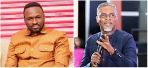 A side-by-side composite photograph of two prominent Ghanaian religious figures. On the left is Pastor Elvis Agyemang, founder of Grace Mountain Ministry and Alpha Hour, wearing an orange patterned shirt, while on the right is Rev. Abraham Lamptey of Believers House of Worship International, holding a microphone and gesturing during a talk.