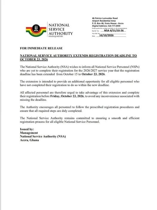 An official press release document from the National Service Authority (NSA) of Ghana. The header features the official NSA logo and contact information for their headquarters in Accra, followed by an announcement extending the 2026/2027 registration deadline to October 23, 2026.