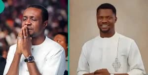 A split-screen photograph featuring gospel singer Nathaniel Bassey on the left in a prayerful pose and the late Toluwanisings on the right smiling. Both men are dressed in white traditional attire, reflecting a somber yet respectful tone related to the entertainment news story.