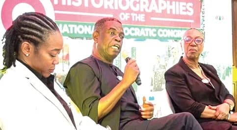 Kwesi Pratt Jnr (middle), veteran journalist, in a panel discussion with Dr Zanetor Agyeman-Rawlings (left), Minister of Environment, Science and Technology, and Betty Mould-Iddrisu (right), former Minister of Education. Picture: ERNEST KODZI