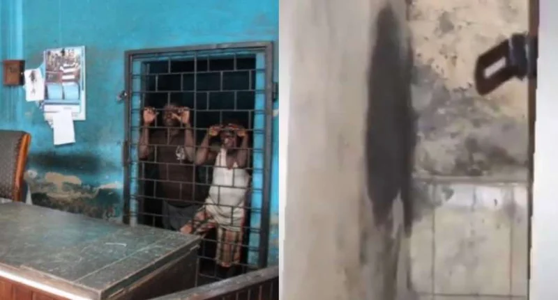 A composite image showing two individuals behind bars in a cell with blue walls on the left, and a close-up of a damaged wall on the right. This likely depicts the Konongo Police Cells and the breach through which six fugitives escaped as described in the news report.