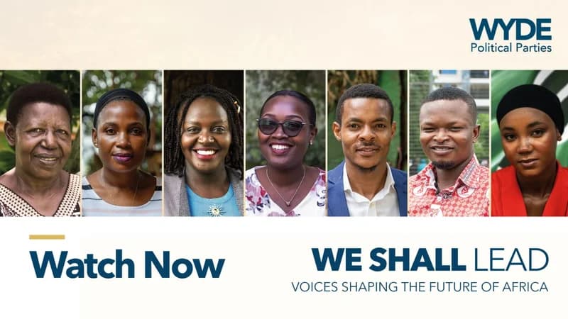 A promotional banner for the documentary 'We Shall Lead' featuring a row of seven diverse portraits of young African individuals. The graphic includes a 'Watch Now' call to action and the subtitle 'Voices Shaping the Future of Africa' alongside the WYDE Political Parties logo.