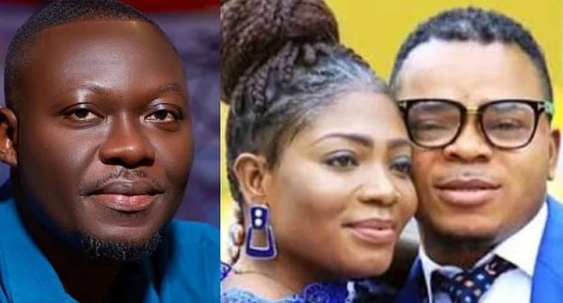 A composite image featuring entertainment pundit Arnold Asamoah-Baidoo on the left and Bishop Daniel Obinim with his wife Florence Obinim on the right. The collage represents the subjects of a news story regarding Arnold's criticism of Obinim's public conduct during his divorce.