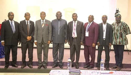 Rt Rev. Dr Samuel Nii Nmai Olenu (3rd from left), former National Head of WAEC, with Sam Jonah (4th from left), Chancellor of UCC, William Baah-Boateng (4th from right), Vice chancellor of Methodist University Ghana, and other officials after the event. Picture: CALEB VANDERPUYE