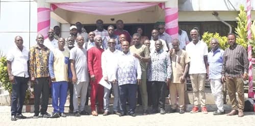 Nana Opare Kwafo (middle), Chairman, Ghana Chamber of Construction, with some contractors at the Ministry of Roads and Highways, after their meeting with the Deputy Minister. Picture: BENEDICT OBUOBI
