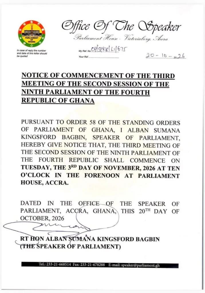 An official notice from the Office of the Speaker of the Parliament of Ghana, signed by Alban Sumana Kingsford Bagbin. The document announces the commencement of the third meeting of the second session of the ninth parliament, scheduled for November 3, 2026.