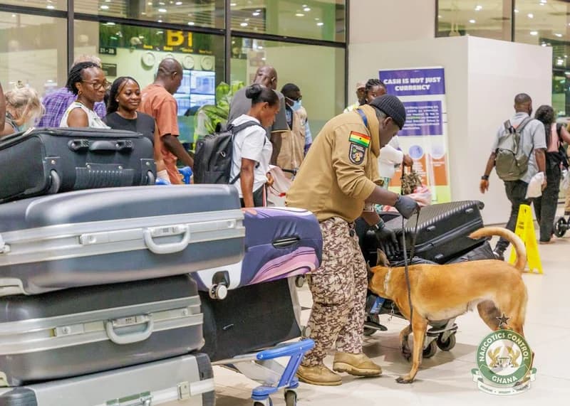 An officer from Ghana's Narcotics Control Commission (NACOC) conducts a security check using a sniffer dog on luggage at an airport terminal. Several travelers and a stack of suitcases are visible in the background alongside a sign regarding currency regulations.