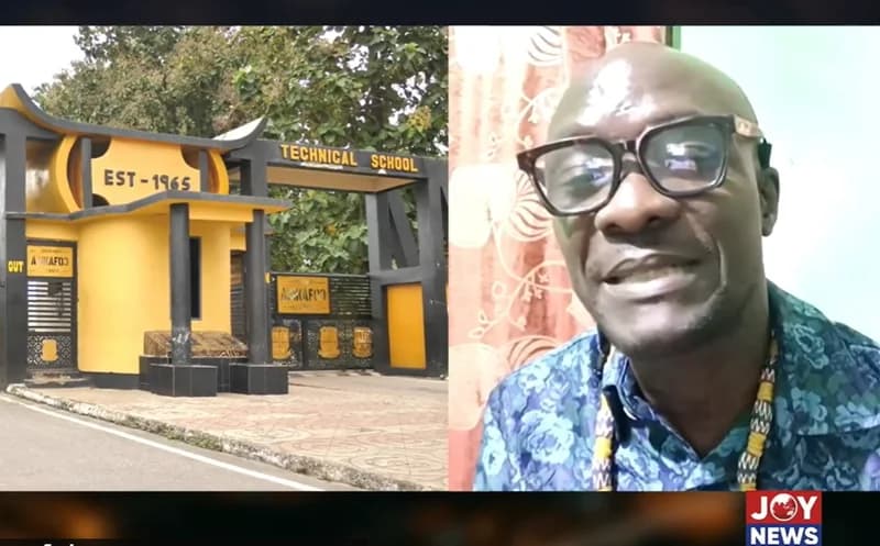 A composite news image showing the yellow and black entrance gate of Obuasi Senior High Technical School alongside an interview frame of a man wearing glasses and a floral shirt. The Joy News logo is visible in the bottom right corner, suggesting this is a capture from a broadcast.