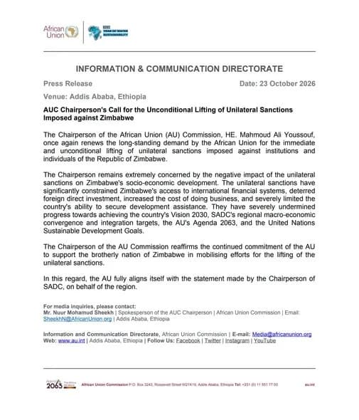 African Union calls for unconditional lifting of Zimbabwe sanctions