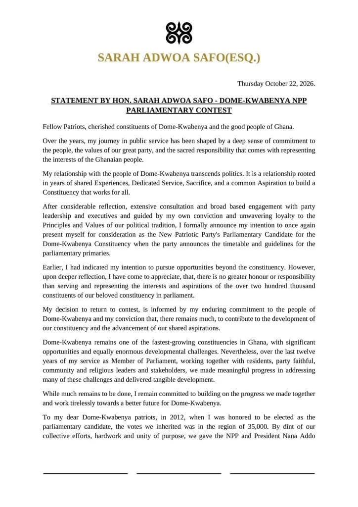 A formal press statement on a letterhead titled 'SARAH ADWOA SAFO(ESQ.)' dated October 22, 2026. The document outlines Hon. Sarah Adwoa Safo's intention to once again seek the NPP's parliamentary candidacy for the Dome-Kwabenya constituency in Ghana.