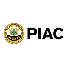 The official logo of Ghana's Public Interest and Accountability Committee (PIAC). It features a circular gold and white emblem containing the Ghana Coat of Arms and oil industry icons, paired with the large black text 'PIAC' to the right.