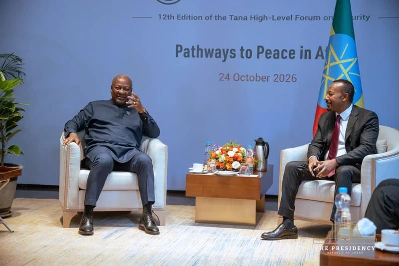 President John Mahama of Ghana is captured in a formal discussion with Ethiopian Prime Minister Abiy Ahmed at the 12th Tana High-Level Forum on Security. The event, themed 'Pathways to Peace in Africa,' serves as a backdrop for high-level diplomatic talks on regional stability and integration.