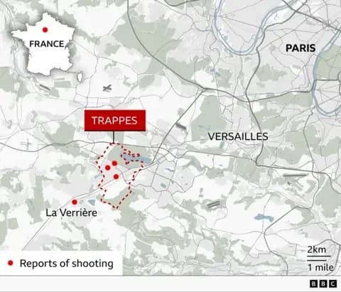 Map showing the location of Trappes, a town southwest of Paris in the Yvelines department of France. A dashed outline marks the boundary of Trappes, with four red dots indicating reported shootings. Three of the reported shootings are clustered within or close to the town, while a fourth is shown near the neighbouring area of La Verrière. An inset map locates the area within France, and labels show nearby Paris and Versailles for reference.