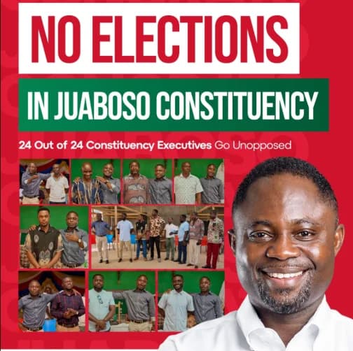 A political announcement graphic for the Juaboso constituency, stating that no elections will be held as all 24 executives are running unopposed. The flyer features a large portrait of a smiling man on the right and a collage of smaller photos showing various men on the left, set against a red background incorporating NDC party colors.