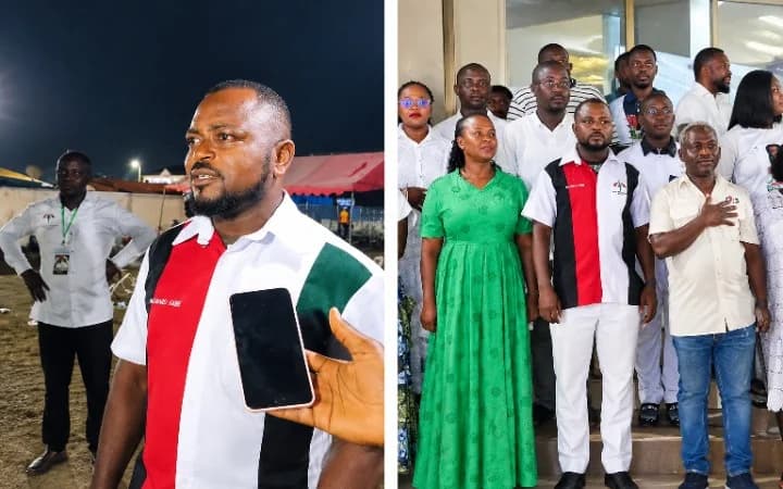 A composite image featuring members of the National Democratic Congress (NDC) in Ghana. The left panel shows a party member being interviewed at night, while the right panel displays a group of party executives, including a woman in a green dress, standing together for a formal photograph following an event in Ho Central.