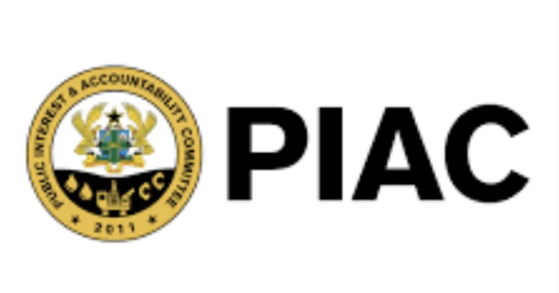 The official logo of the Public Interest and Accountability Committee (PIAC) of Ghana, featuring its circular seal and bold acronym. The seal includes the Ghana coat of arms and the committee's full name with the founding year 2011.