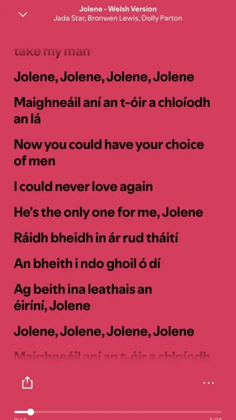 A screenshot of lyrics for Jolene are pictured on Spotify, in a mixture of English and Irish.