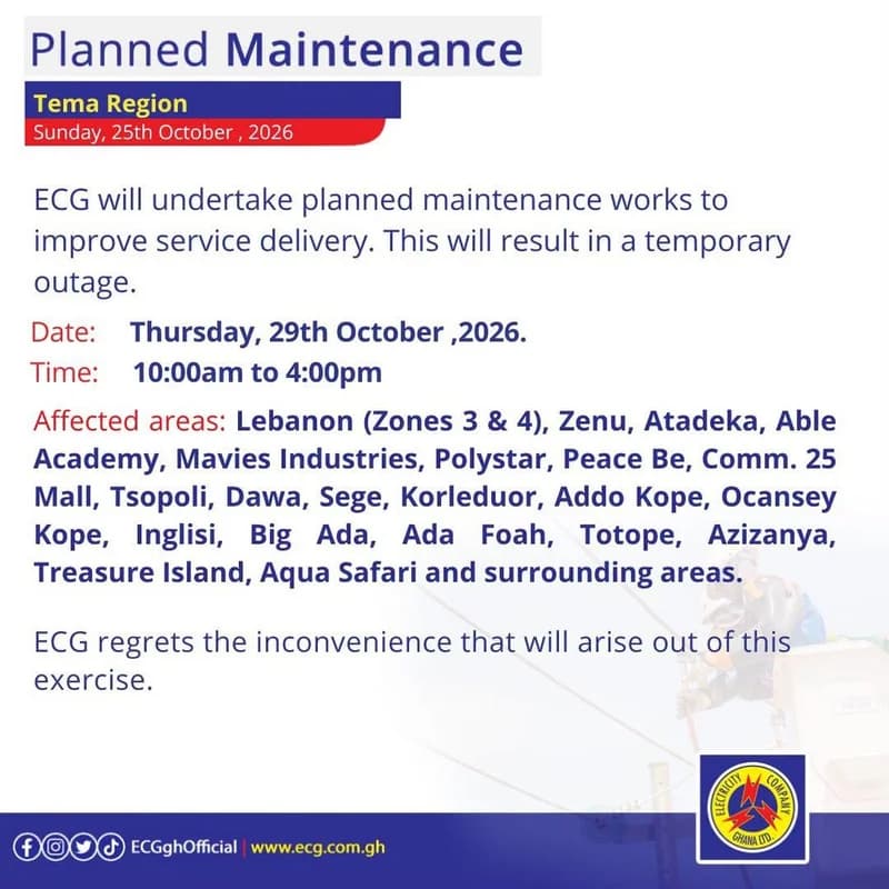 ECG schedules maintenance across six regions from October 26 to 30