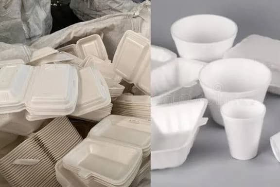 A composite image illustrating the scale of plastic waste; the left side shows a large pile of discarded white styrofoam food containers in a sack, while the right side displays various new styrofoam bowls, cups, and packs. The contrast highlights both the utility and the environmental burden of these single-use products.