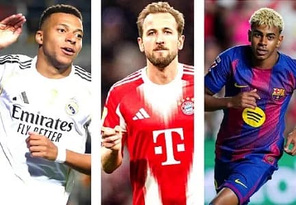 Kylian Mbappe (left) — One of the finalists, Harry Kane (middle) —Tipped as favourite and Lamine Yamal — who could pull a surprise