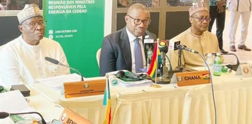 Dr John Jinapor (middle), Minister of Energy, addressing his colleagues while Amin Amidu Sulemani (left), Commissioner for Infrastructure, Energy and Digitalisation at the ECOWAS Commission; and Mohammed Lawan Gana (right), ECOWAS Resident Representative in Ghana, looked on