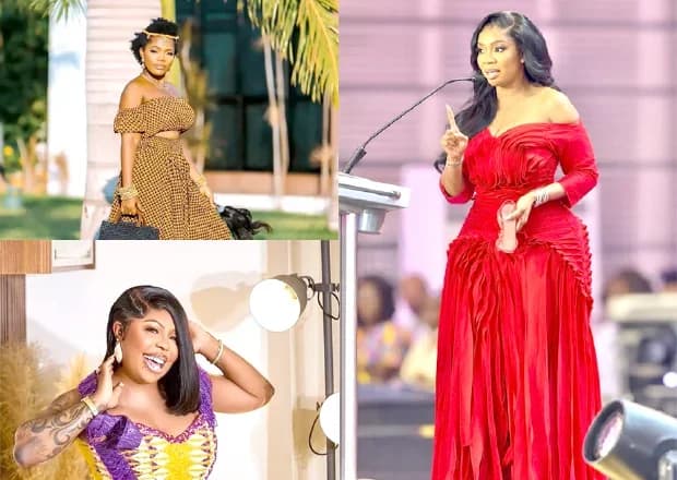 A collage featuring three prominent Ghanaian female celebrities mentioned in the news article. On the left are Mzbel (top) in a patterned outfit and Afia Schwarzenegger (bottom) smiling, while Serwaa Amihere (right) is shown in a striking red gown speaking at a podium.