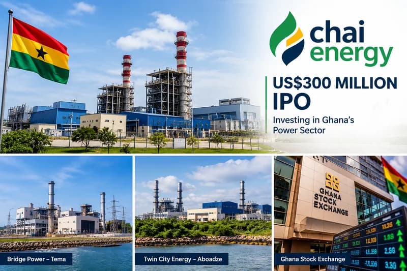 A promotional composite graphic for Chai Energy's US$300 million IPO, featuring images of Ghanaian power infrastructure and the Ghana Stock Exchange. The top section displays a large power plant under a Ghanaian flag, while the bottom panels show Bridge Power in Tema, Twin City Energy in Aboadze, and the stock exchange headquarters.