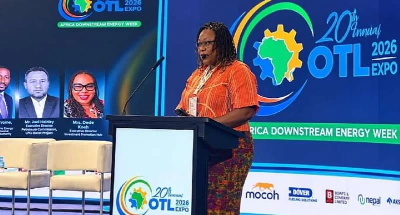 Mrs. Linda Asante, the Deputy Chief Executive of the National Petroleum Authority (NPA), is pictured speaking at the 20th Annual OTL 2026 Expo. She is addressing participants during Africa Downstream Energy Week, emphasizing the need for energy security to withstand global shocks.