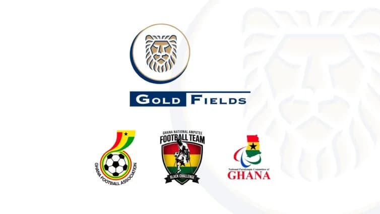 A composite graphic featuring the corporate logo of Gold Fields alongside three Ghanaian sports organizations. It includes the logos for the Ghana Football Association (GFA), the Ghana National Amputee Football Team known as the Black Challenge, and the National Paralympic Committee of Ghana against a clean white background.