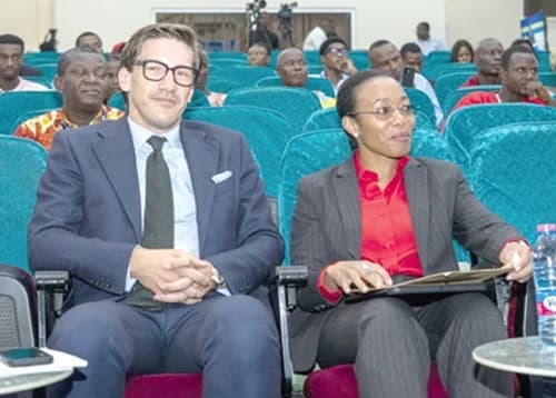 Dr Zanetor Agyeman-Rawlings (right), Minister of Environment, Science and Technology, with Frederik Landshoeft, German Ambassador to Ghana, in the 2026 Climate Talks event at the Kofi Annan International Peacekeeping Training Centre in Accra