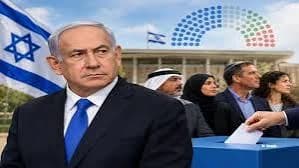 A composite image featuring Benjamin Netanyahu in the foreground against the backdrop of the Israeli Knesset building and an Israeli flag. To the right, a hand is shown casting a vote into a ballot box, while a diverse group of people and a parliamentary seat graphic appear in the background.