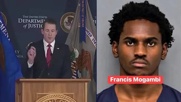 A split-screen image featuring a US Department of Justice official speaking at a podium on the left and a mugshot of a man identified as Francis Mogambi on the right. The left side shows the Department of Justice seal and flags, while the right side displays a booking photo with a red text overlay.