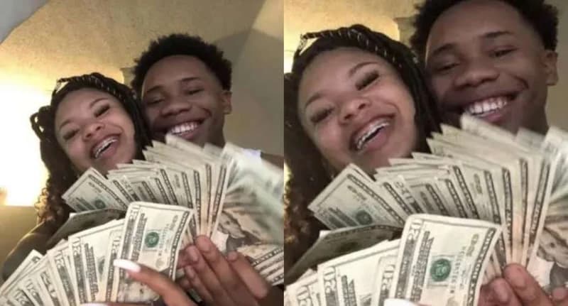 A side-by-side duplicate photo shows a smiling young couple holding large fans of US twenty-dollar bills. The woman, wearing braces and braids, and the man behind her both appear joyful as they display the cash to the camera.