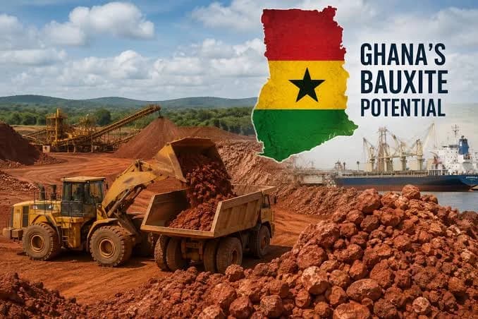 This composite image illustrates the bauxite mining industry in Ghana, featuring a heavy-duty excavator loading reddish-brown ore into a dump truck. In the background, mining infrastructure and a large cargo ship are visible, suggesting an integrated extraction and export process. The graphic is overlaid with a map of Ghana in national colors and text highlighting the country's bauxite potential.
