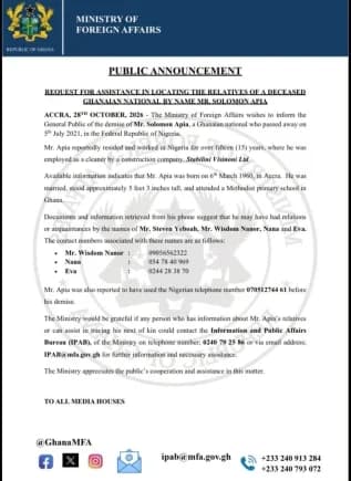 Ministry of Foreign Affairs seeks relatives of Solomon Apia
